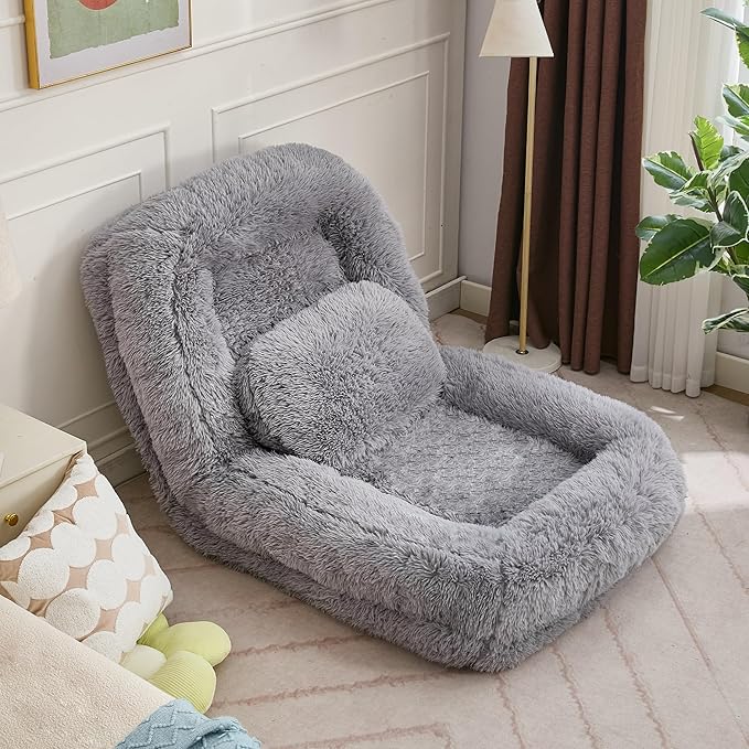 KEIKI 69" Upholstered Human Dog Bed for Adults, Foldable Plush Faux Fur Lazy Sofa Bed with 5 Adjustable Positions and a Pillow, Giant Human Size Dog Bed for People, Light Gray