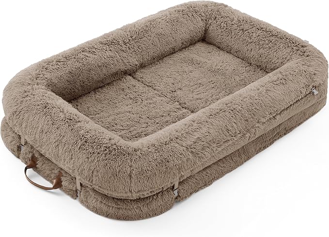 LE SURE Foldable Human Dog Bed - 3 in 1 Flexible Giant Human Dog Bed for Adult People with Supportive Bolster Egg Foam, Waterproof Liner, Calming Fluffy Faux Fur Orthopedic Big Bean Bed, Taupe