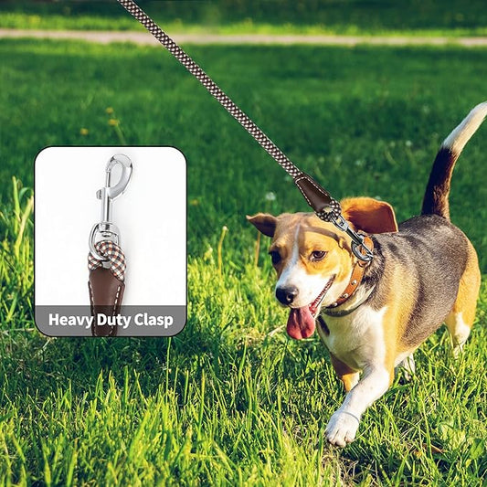 Mile High Life Genuine Leather Wrapped Handle Dog Leash, w Heavy Duty Clasp Rope Leash for Small Medium Large Dogs (Brown, 6FT)