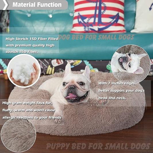 Calming Donut Dogs Beds for Small Dogs Washable,23inch Plush Round Pet Bed for Cozy Sleep,Fluffy Faux Fur Large Cat Bed,Fits up to 25 lbs Pets,Camel