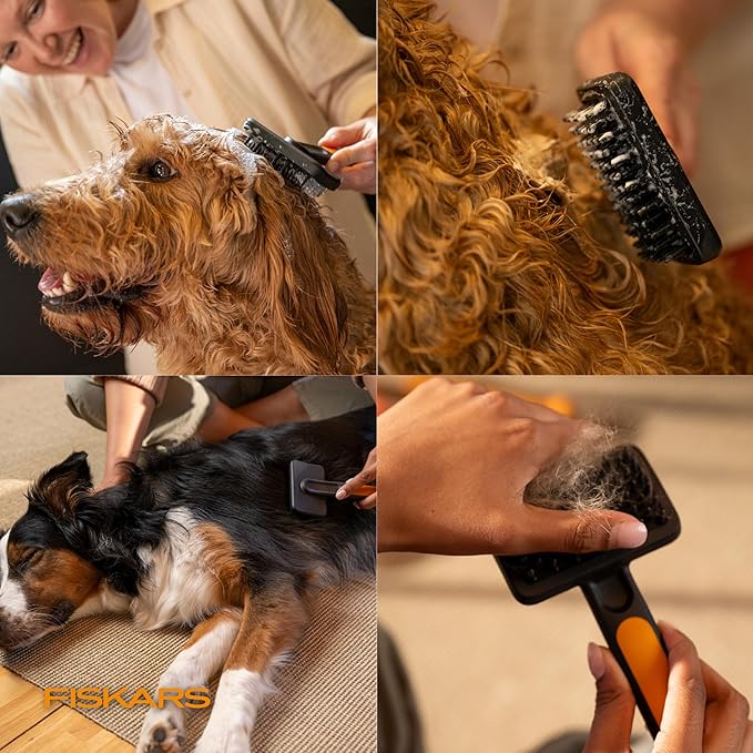 Fiskars Pet, Cat and Dog Brush, Fine Bristles & SoftGrip Handle for Gentle Grooming and Deshedding, Cat and Dog Supplies, Orange/Black
