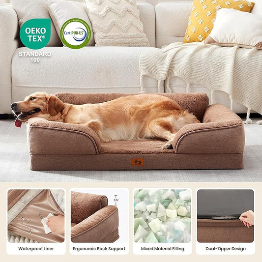 Warmrest XL Orthopedic Dog Beds for Large Dogs, Waterproof Egg-Crate Foam Pet Couch Bed with Soft Sides, Non-Slip Dog Sofa with Fleece Removable Washable Cover, 42" L Supportive Pet Sofa, Brown
