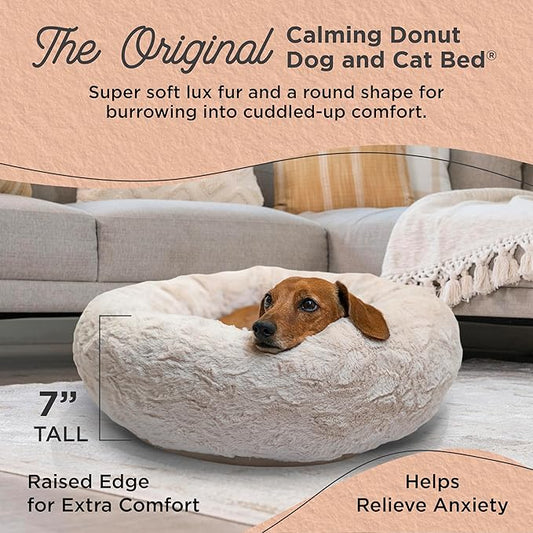 Best Friends by Sheri The Original Calming Donut Dog Bed – Washable Plush Pet Bed for Cats & Small Dogs up to 25 lbs, Lux Faux Fur, Oyster, Small (23" x 23")
