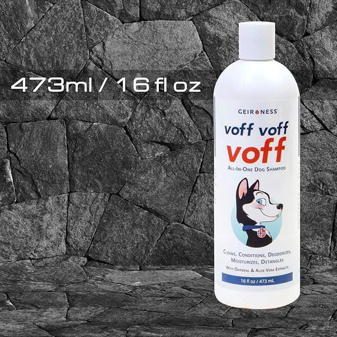 Voff Voff Voff All-in-One Dog Shampoo by Geir Ness – Natural Oatmeal & Aloe Formula with Coconut & Date Palm Extract – Cleans, Conditions, Moisturizes, Deodorizes & Detangles – 16 fl oz