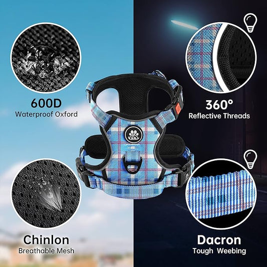 NESTROAD No Pull Dog Harness with Leash, Reflective No Choke Pet Vest Harness,Adjustable Soft Padded Dog Harness with Easy Control Handle for Small Dogs(Checkered Blue,Small)