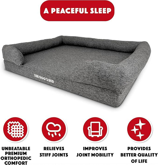 The Dog’s Bed, XL Grey Poly-Linen, Memory Foam, Pain Relief: Arthritis, Hip & Elbow Dysplasia, Post Surgery, Lameness, Supportive, Calming, Waterproof Washable Cover, Veterinary Approved