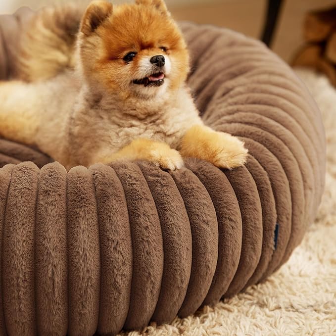 Bedsure ComfyFleece Donut Small Dog Bed - Dog Beds for Small Dogs with Corduroy Fleece & Anti Slip Bottom, Round Faux Fur Pet Beds with Washable Removable Cover, Camel Brown, 23x23x7 inches