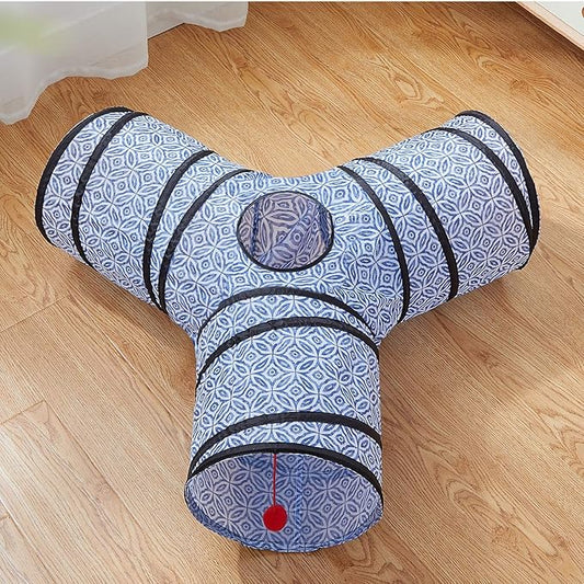 Tempcore 3 Way Collapsible Cat Tunnel for Indoor Cats, Pet Tunnel Bored Toys with Peek Hole & Ball for Puppy, Kitty, Kitten, Rabbit, Blue-Coin