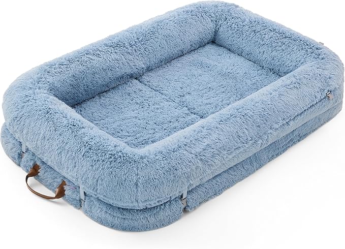 LE SURE Foldable Human Dog Bed - 3 in 1 Flexible Giant Human Dog Bed for Adult People with Supportive Bolster Egg Foam, Waterproof Liner, Calming Fluffy Faux Fur Orthopedic Big Bean Bed, Baby Blue