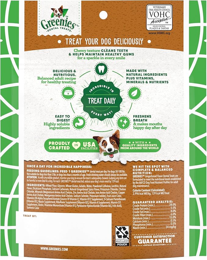 Greenies Veterinarian-Recommended, Limited-Edition Natural Dental Dog Treats Large Size, Gingerbread Flavor, 6 oz. Pack, 4 Count