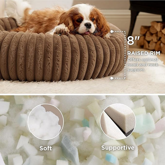 Bedsure ComfyFleece Donut Medium Dog Bed - Washable Faux Fur with Corduroy Fleece & Anti Slip Bottom, Round Pet Bed with Removable Cover, Camel Brown, 30x30x8 inches