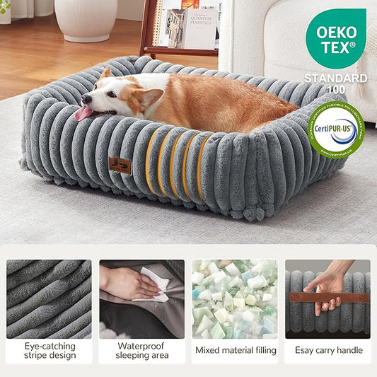 Warmrest Washable Dog Bed for Small Medium Dogs - Rectangle Orthopedic Corduroy Fleece Pet Bed with Removable Cover and Nonskid Bottom, Calming Puppy Bed Soft Pet Sofa, Grey(35x25x9inchs)