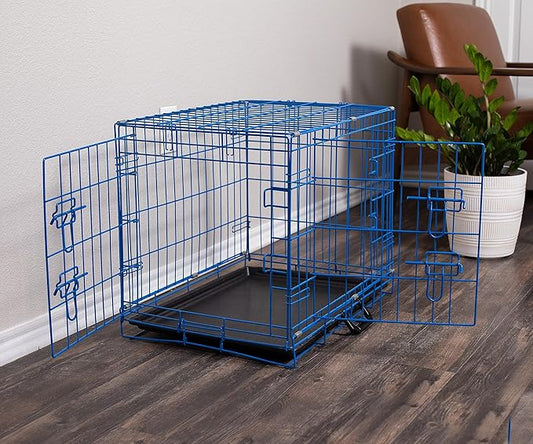 Internet's Best Double Door Steel Crates Collapsible and Foldable Wire Dog Kennel, 24 Inch (Small), Blue
