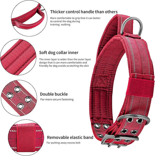 Annchwool Tactical Dog Collar for Medium and Large Dog,Adjustable Military Dog Collar with Soft Padded Handle,Heavy Duty Double Buckle Design(Red,XL)