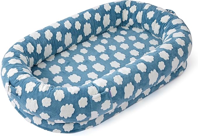 LE SURE Human Dog Bed for Adult & Kids - Calming XXL Size Bed with Egg Foam Supportive Mat as Gift for Family, Cute Modern Beds with Jacquard Shaggy Plush & Anti Slip Bottom 55x37x10, Blue