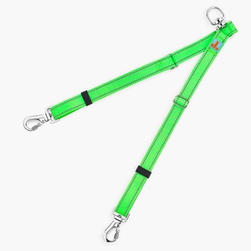 DF Co. Leash Splitter | Walk Two Dogs with Complete Control - 360° Swivel, Tangle Free, Adjustable Length, Reflective Webbing, Heavy Duty Clips (Neon Green)