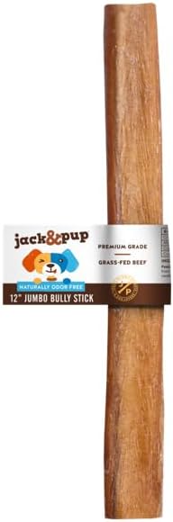Jack&Pup 12 Inch Bully Sticks for Large Dogs | Jumbo Odor Free Bully Sticks Long Lasting | All Natural, 100% Beef Sticks (Jumbo, 1 Pack)
