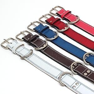 Genuine Leather Dog Collars with Stainless Steel Buckle and Double D Rings – (12"-15", Tan)