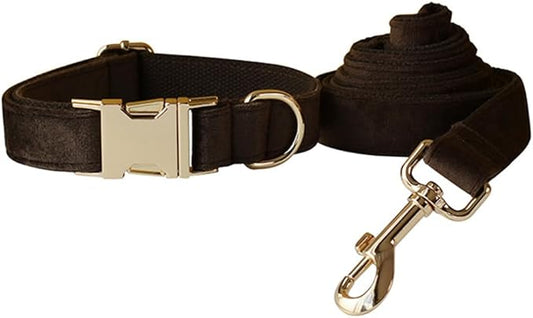 JAY D.L Dog Collar and Leash Set，Soft & Comfy Velvet Dog Collars with Heavy Duty Metal Buckle and Matching Lead Adjustable for Small Medium Large Dogs (XLarge, Brown)