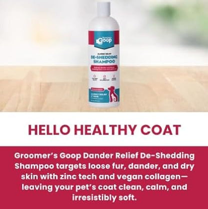 Groomer’s Goop Dander Relief De-Shedding Pet Shampoo – Deep Cleansing Formula Reduces Shedding & Dander in Dogs & Cats, Soothes Dry Skin, Moisturizes with Vegan Collagen – 16 oz Bottle
