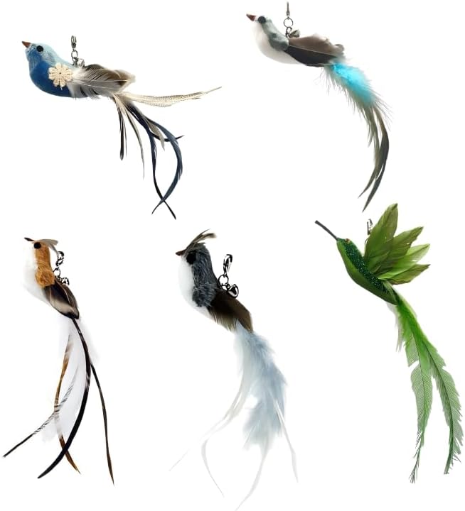 CUTIE PAW PAL Deluxe Bird Replacement Heads for Cat Toys - Set of 5 - Realistic Feather Designs Including Blue Floral, Two-Tone, Traditional, Black & White, Green Hummingbird - Easy Clip-On