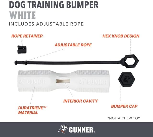 GUNNER Dog Training Bumper - Durable Retriever Dummy for Professional Training, Perfect for Water Activities, Hunting, and Outdoor Retrieval Practice, with Adjustable Rope for Easy Handling (White)