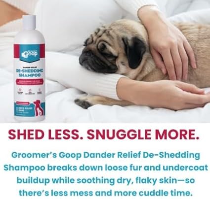 Groomer’s Goop Dander Relief De-Shedding Pet Shampoo – Deep Cleansing Formula Reduces Shedding & Dander in Dogs & Cats, Soothes Dry Skin, Moisturizes with Vegan Collagen – 16 oz Bottle