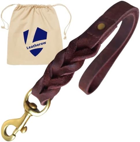 Leather Short Dog Leash 15 Inch - Short Dog Traffic Lead for Large Dogs Training and Walking - Braided Leather Tab for Large Dogs - Full Grain Heavy Duty. (Brown, 1 FT)