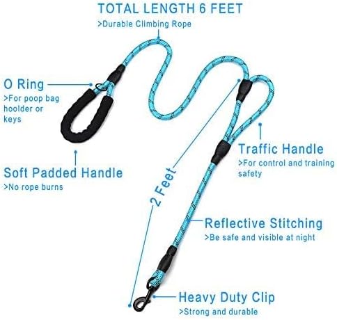 Plutus Pet Rope Dog Leash 6ft Long,Traffic Padded Two Handle,Heavy Duty,Reflective Double Handles Lead for Control Safety Training,Leashes for Large Dogs or Medium Dogs,Dual Handles Leads(Light Blue)
