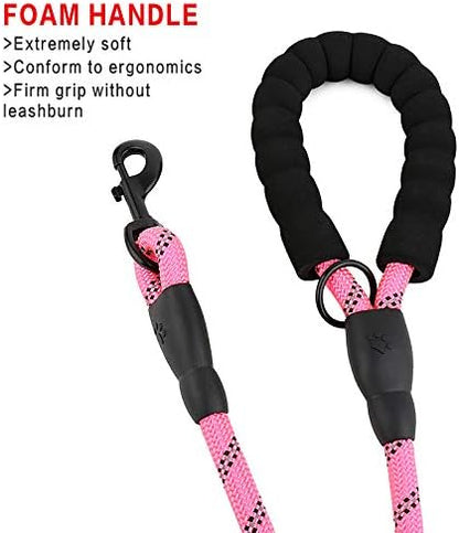 Rope Dog Leash 6ft Long,Traffic Padded Two Handle,Heavy Duty,Reflective Double Handles Lead for Control Safety Training,Leashes for Large Dogs or Medium Dogs,Dual Handles Leads(Pink)
