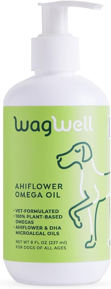 WagWell Ahiflower Omega Oil – Vet-Formulated, All Natural, Made in The USA – Skin, Coat, & Joint Food Topper for Dogs – Plant-Based Omega 3, 6 & 9 Supplement – Dog Fish Oil Alternative, 8 fl oz