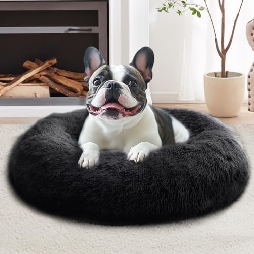 JOLLYVOGUE Calming Dog Bed Large Size Dog, Anti-Anxiety Donut Large Pet Bed, 36 inches Fluffy Faux Fur Round Cat Bed, Fits up to 75 lbs Pets (Black)