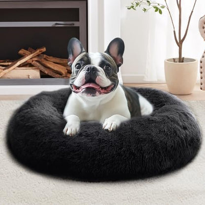 JOLLYVOGUE Calming Dog Bed Large Size Dog, Anti-Anxiety Donut Large Pet Bed, 36 inches Fluffy Faux Fur Round Cat Bed, Fits up to 75 lbs Pets (Black)