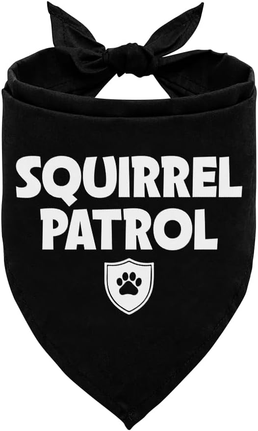 Squirrel Patrol Dog Bandana, Black Dog Bandana, Funny Cute Dog Bandana, Pet Dog Triangle Scarf, Dog Bandana for Small Medium Large Dogs, Gift for Dog Lover (D19)