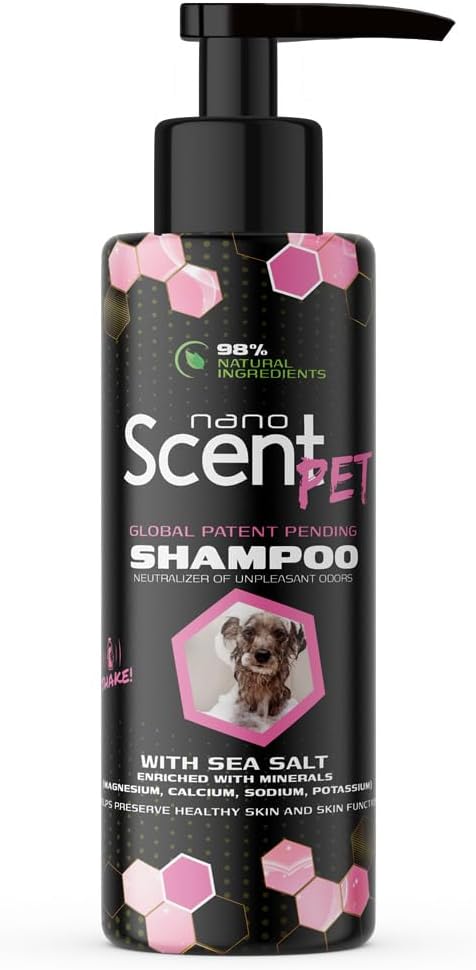 nanoSCENT Pet Shampoo with Sea Salt for Dogs & Cats – Nano Tech Long-Lasting Fresh Clean Scent, Eliminates Odors All Day, Professional-Strength Formula, 13× Longer Lasting - Baby Powder (200mL)