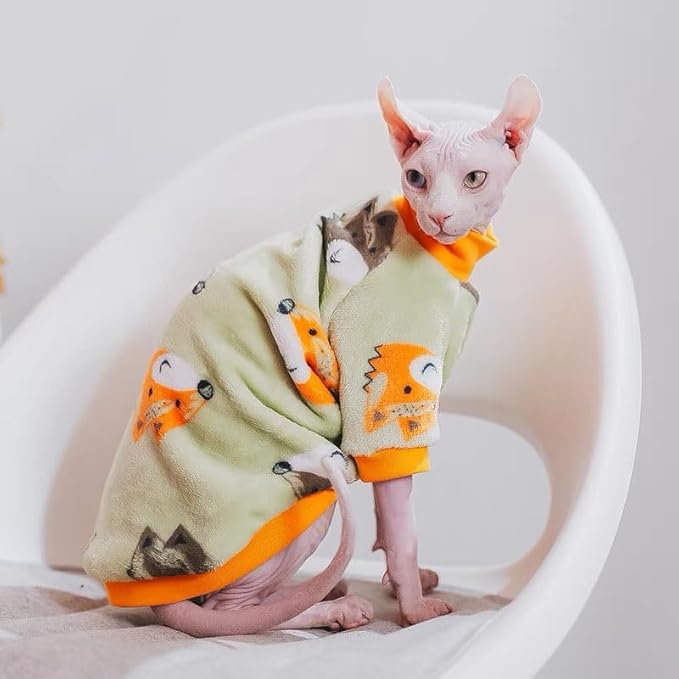 Sphynx Cat Warm Turtleneck Sweater, Thick Soft Double-Sided Fleece Clothes for Cats, Two-Legged Winter Onesie for Cats and Small Dogs,Pjs for Cats and Puppy (Fox, M (3.5-5lbs))