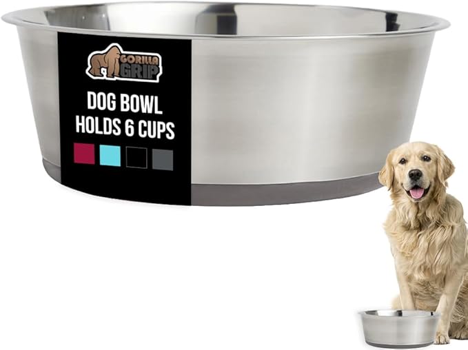 GORILLA GRIP Dog Bowl, Holds 6 Cups (48 fl oz), Heavy Duty Metal Food and Water Bowl for Feeding Dogs and Cats, Easy Clean, Dishwasher Safe, Rust Resistant Stainless Steel, BPA Free Rubber Base, Gray