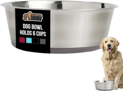 GORILLA GRIP Dog Bowl, Holds 6 Cups (48 fl oz), Heavy Duty Metal Food and Water Bowl for Feeding Dogs and Cats, Easy Clean, Dishwasher Safe, Rust Resistant Stainless Steel, BPA Free Rubber Base, Gray