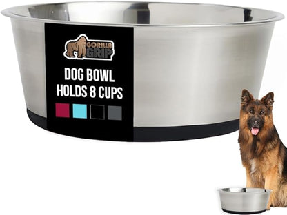 GORILLA GRIP Dog Bowl, Holds 8 Cups (64 fl oz), Heavy Duty Metal Food and Water Bowl for Feeding Dogs and Cats, Easy Clean, Dishwasher Safe, Rust Resistant Stainless Steel, BPA Free Rubber Base, Black