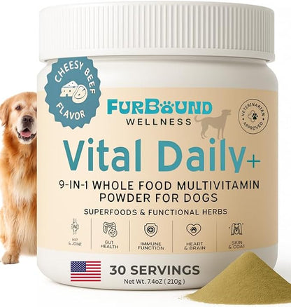 Dog Multivitamin Powder | 9-in-1 Whole Food Dog Vitamins and Dog Supplements That Supports Joint, Digestion, Skin & Coat, Immune, Cognition, Detox, Heart, Antioxidants (Cheesy Beef Flavor)