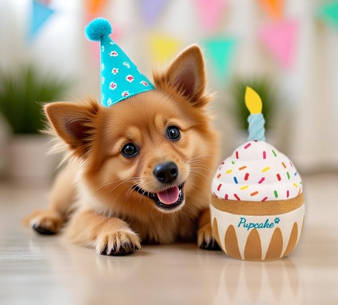 Nestpark Dog Birthday Toy - Pup Cake Puppy Cupcake Plush Squeak and Crinkle Gift