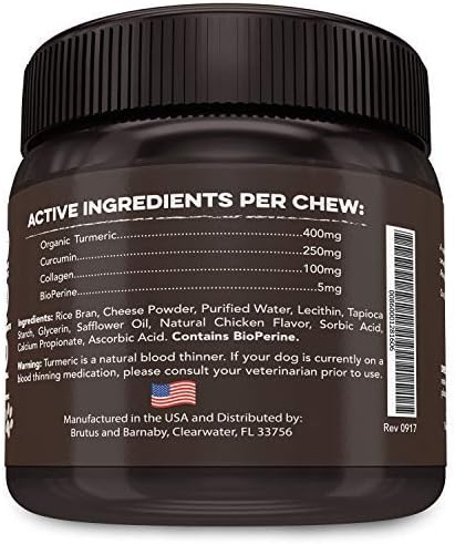 BRUTUS & BARNABY Turmeric for Dogs Anti Inflammatory Pain Relief - Curcumin for Dogs Chews with Collagen & Bioprene - Turmeric Supplement for Dogs Hips, Joint & Mobility Support (60 Count)