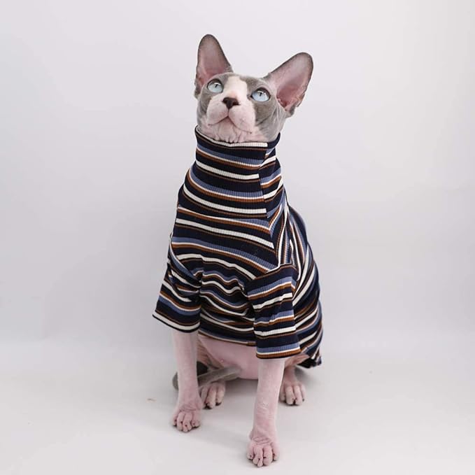 Turtle Neck Vintage Stripes Sphynx Hairless Cat Cotton T-Shirts Pet Clothes Vest Kitten Shirts Sleeveless, Cats & Small Dogs Apparel (Vintage Deep Blue, (7-8.8 lbs))