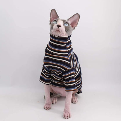 Turtle Neck Vintage Stripes Sphynx Hairless Cat Cotton T-Shirts Pet Clothes Vest Kitten Shirts Sleeveless, Cats & Small Dogs Apparel (Vintage Deep Blue, (7-8.8 lbs))