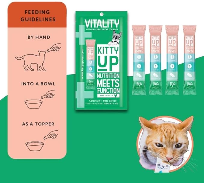 Kitty Up Lickable Cat Treats - Vitality Chicken Puree Squeeze Tubes with Lysine, Taurine & Beta Glucan | Immune Support for Indoor Cats (12 Pack)