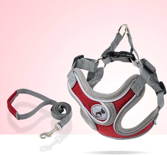 Dog Harness with Leash, Soft Adjustable Step in Reflective Strips Collars Harness Vest for Small Medium Dogs Training and Running (M, Red)