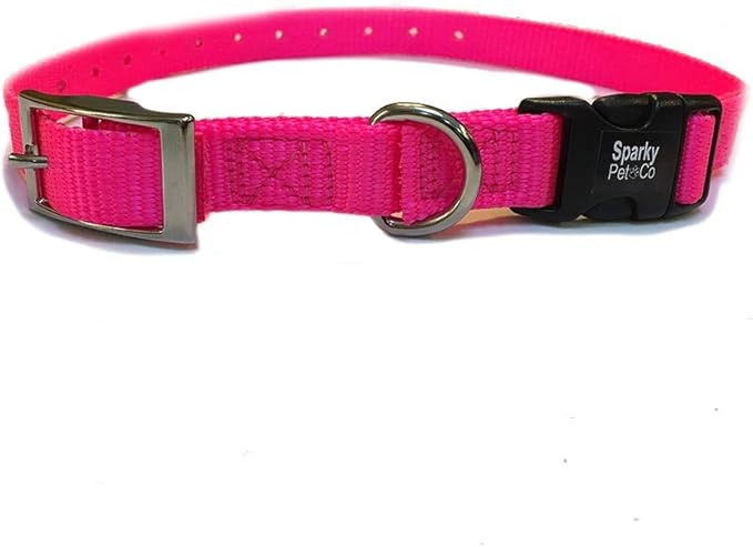 Sparky Pet Co - ECollar Replacement Strap - Double Buckle Dog Collar - Rugged Nylon - Adjustable - D Ring - Quick Release Metal Clasp - for Invisible Fence Systems - 3/4" x 21" - Neon Pink