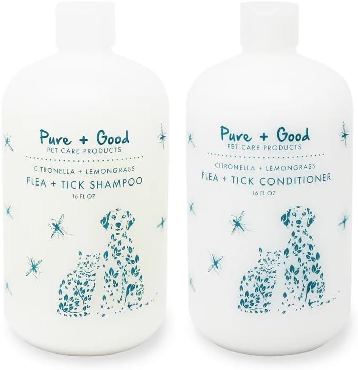 Pure + Good - Flea + Tick Shampoo and Conditioner Set, Therapeutic citronella and Lemongrass, Formulated for All Pets, Gentle and Cleansing, Made in The USA, Cruelty Free, 16 fl oz
