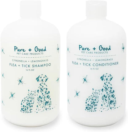 Pure + Good - Flea + Tick Shampoo and Conditioner Set, Therapeutic citronella and Lemongrass, Formulated for All Pets, Gentle and Cleansing, Made in The USA, Cruelty Free, 16 fl oz