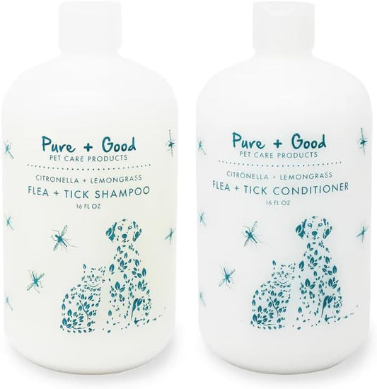 Pure + Good - Flea + Tick Shampoo and Conditioner Set, Therapeutic citronella and Lemongrass, Formulated for All Pets, Gentle and Cleansing, Made in The USA, Cruelty Free, 16 fl oz